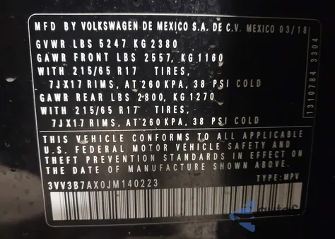 2018 Volkswagen Tiguan 2.0T Se/2.0T Sel from USA, damaged, VIN 3VV3B7AX0JM140223